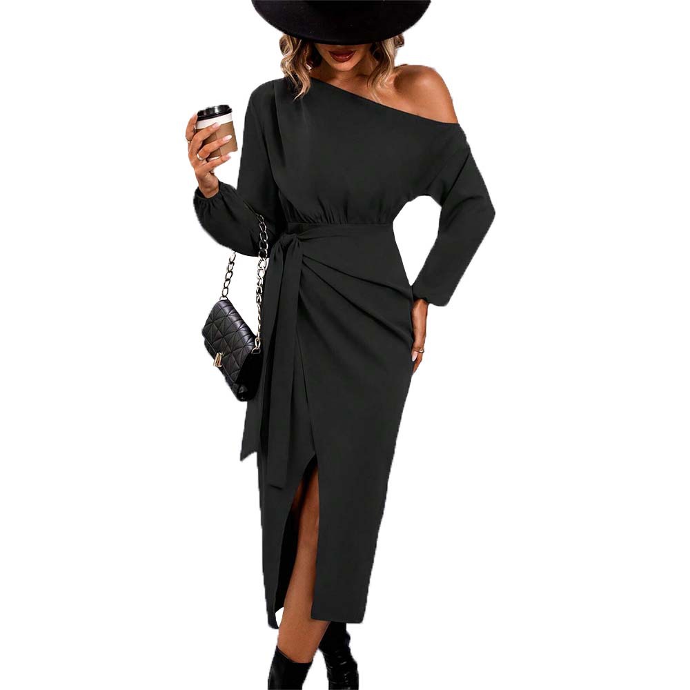 Long Sleeve Off Shoulder Dress Sexy Split Design Waist Cinching Elegant Style Perfect for Autumn and Winter Events