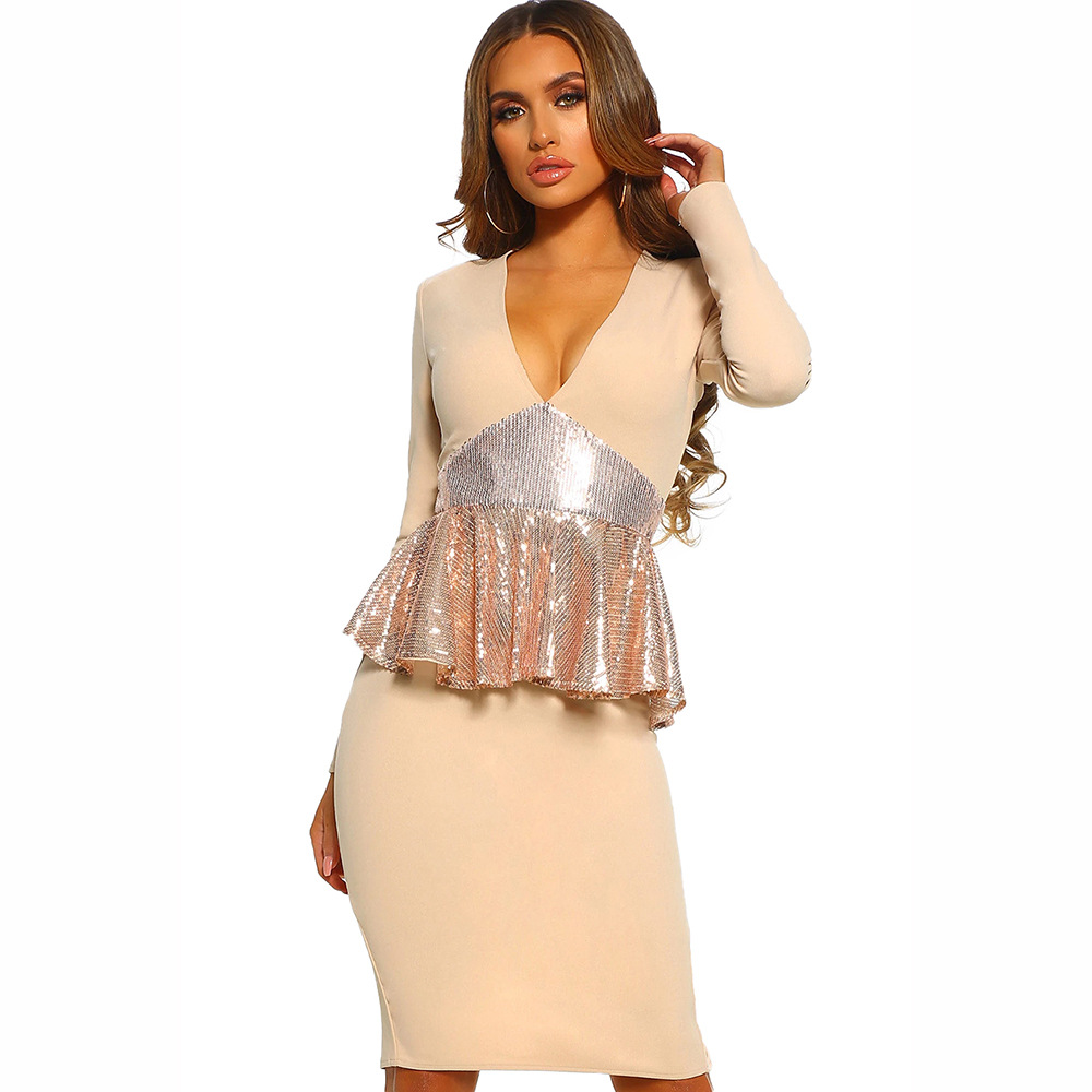Womens Long Sleeve Sequin Dress V Neck Ruffle Hem Midi Length Elegant Evening Wear for Fall Winter Wholesale