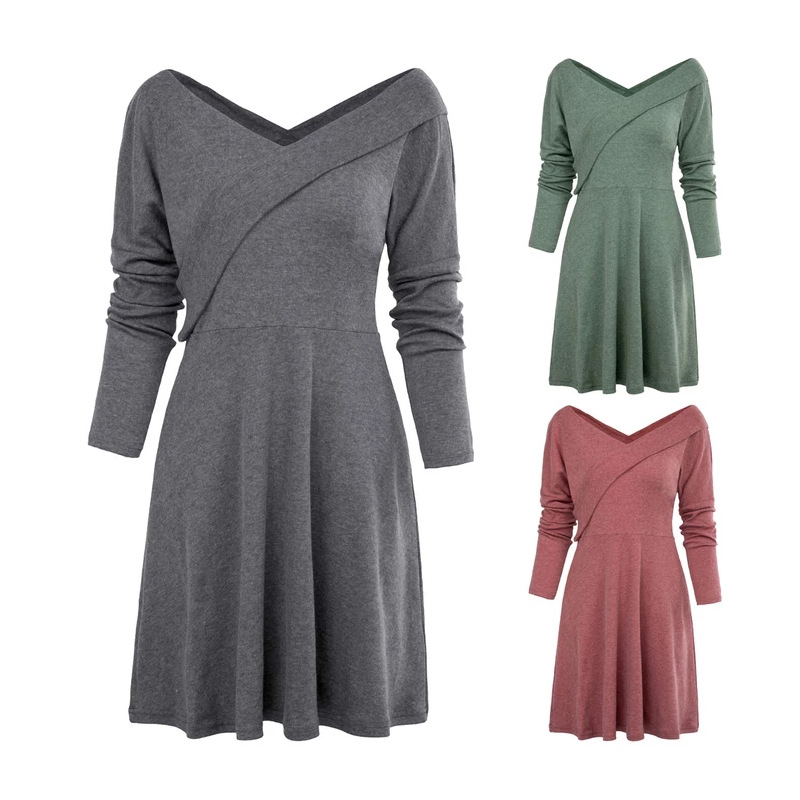 Womens Long Sleeve V Neck Dress Autumn Winter Style Casual Commuter Wear Ready to Ship customizable