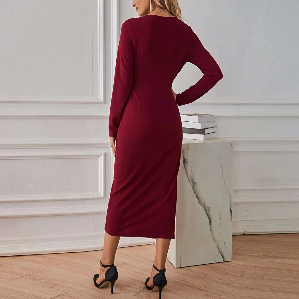 New V neck Elegant Mid length Dress with Slit and Long Sleeves