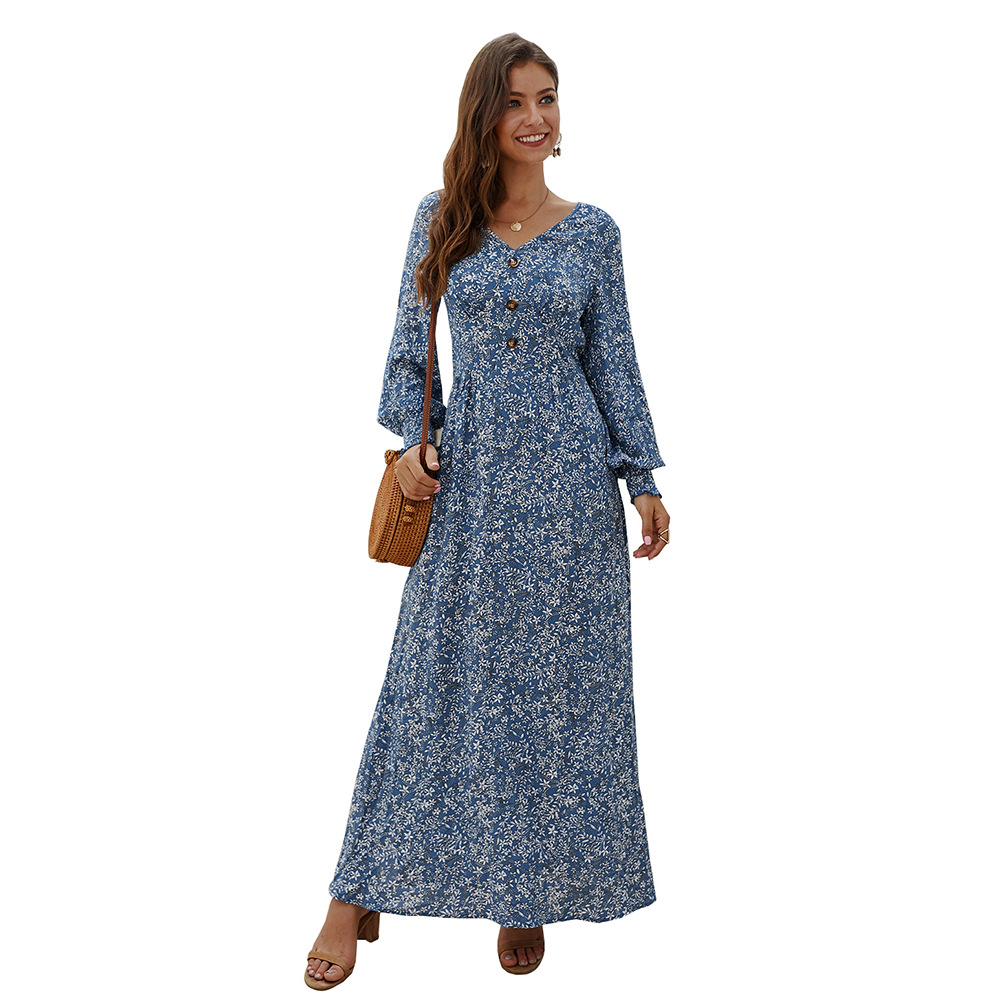 Floral Print Long Sleeve V Neck Dress Autumn Winter Style Casual Wear Ready to Ship bulk order