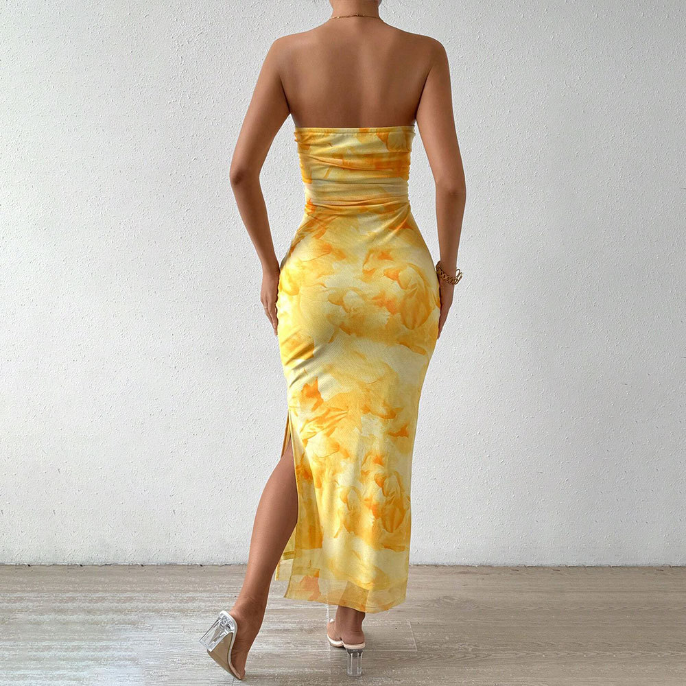 Mesh Printed Dress High Waist Slim Fit Split Strapless Bodycon Dress