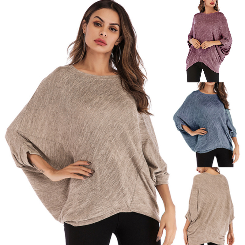 Womens Batwing Sleeve T Shirt Short Sleeve Round Neck Loose Fit Solid Color Autumn Casual Wear Wholesale