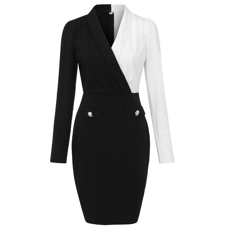 Fashionable Black and White Color Block Business Casual Dress Elegant Silhouette Long Sleeve Suitable for Autumn