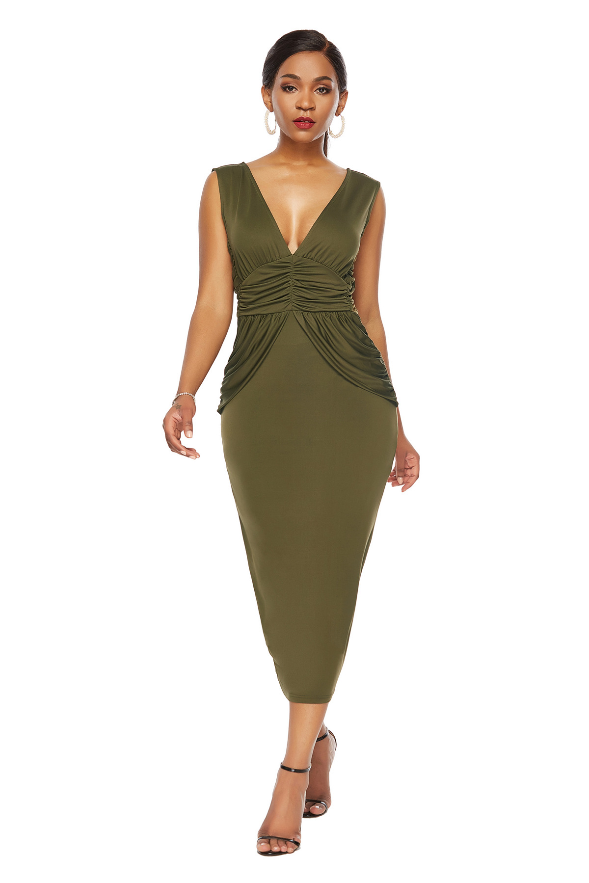 Sleeveless Bodycon Dress Deep V Neck Pleated Waist Solid Color Backless Nightclub Wear Wholesale Available