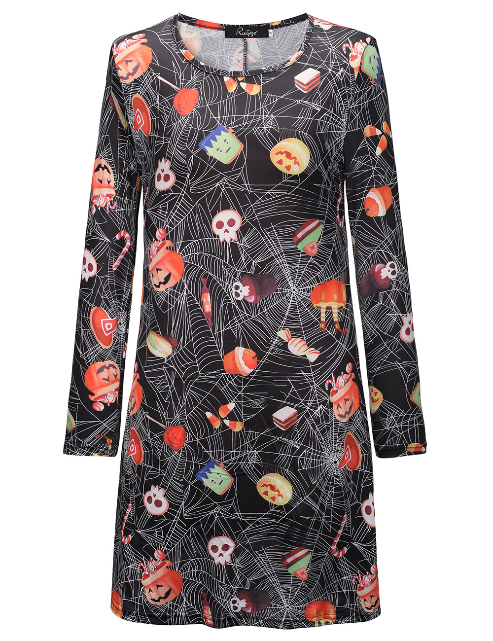 Womens Long Sleeve Halloween Dress Pumpkin Skull Print Round Neck Comfortable Fabric Autumn Winter Collection