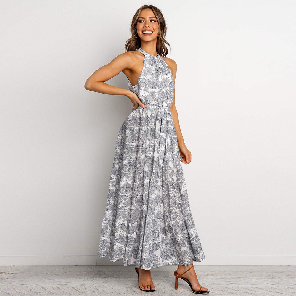 Womens Floral Print Maxi Dress Halter Neck Zipper Closure Lightweight Fabric Spring Summer Fashion Wholesale