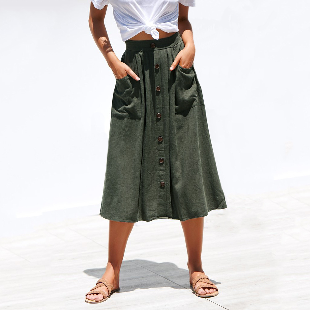 Loose Pocket Midi Skirt Four Colors Button Detail Comfortable Fit Spring Summer Fashion Ready to Ship
