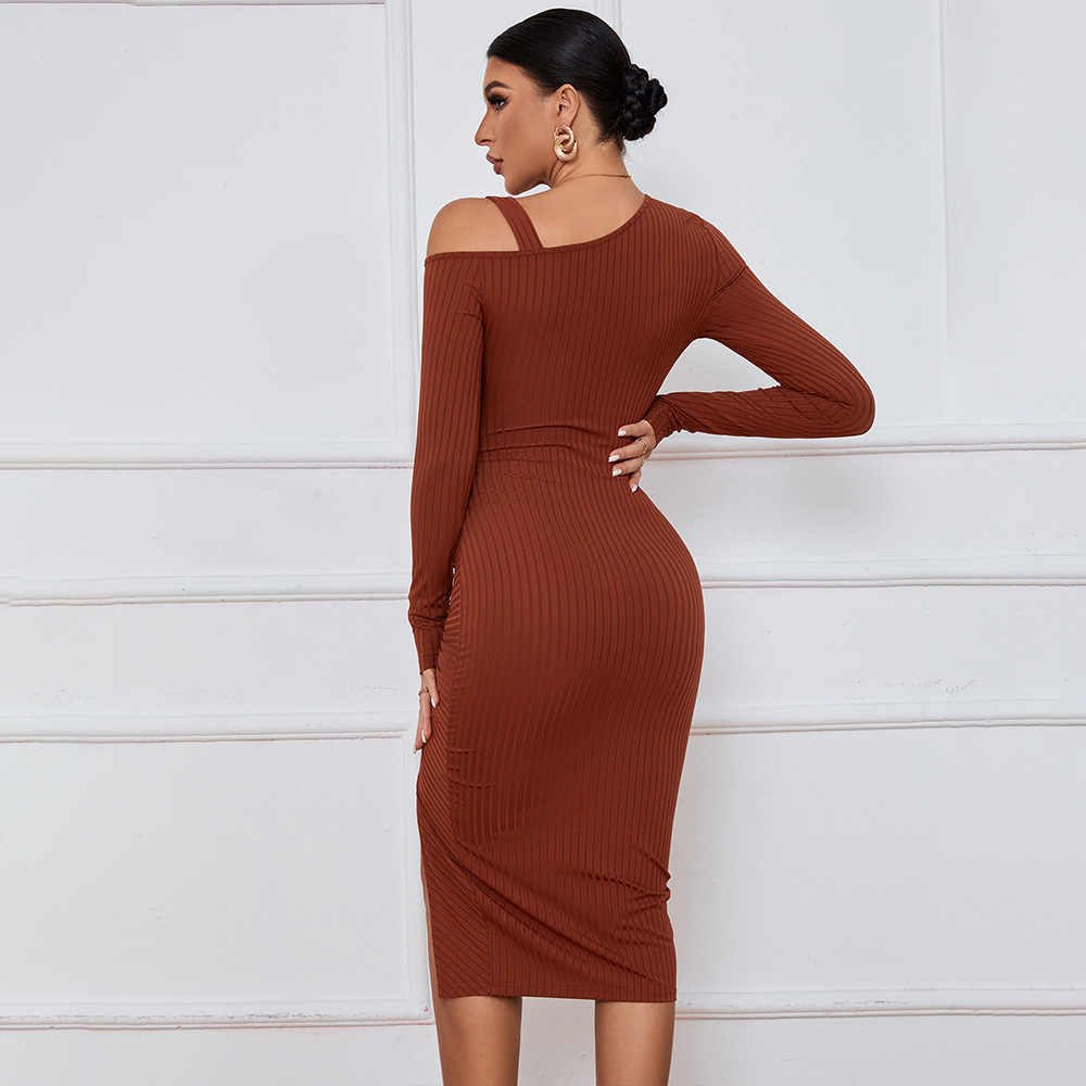 European and American Style Women's Dress with Drawstring, Slit, Off Shoulder, Autumn and Winter, Bodycon, Long Sleeve