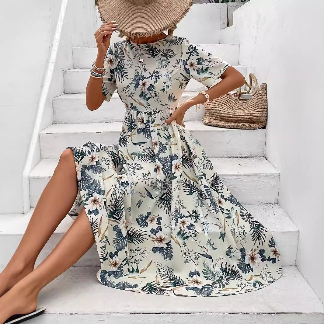 Elegant Summer Floral Print Waist Defined Long Dress Slim Fit Comfortable Fabric Versatile Style Wholesale Available