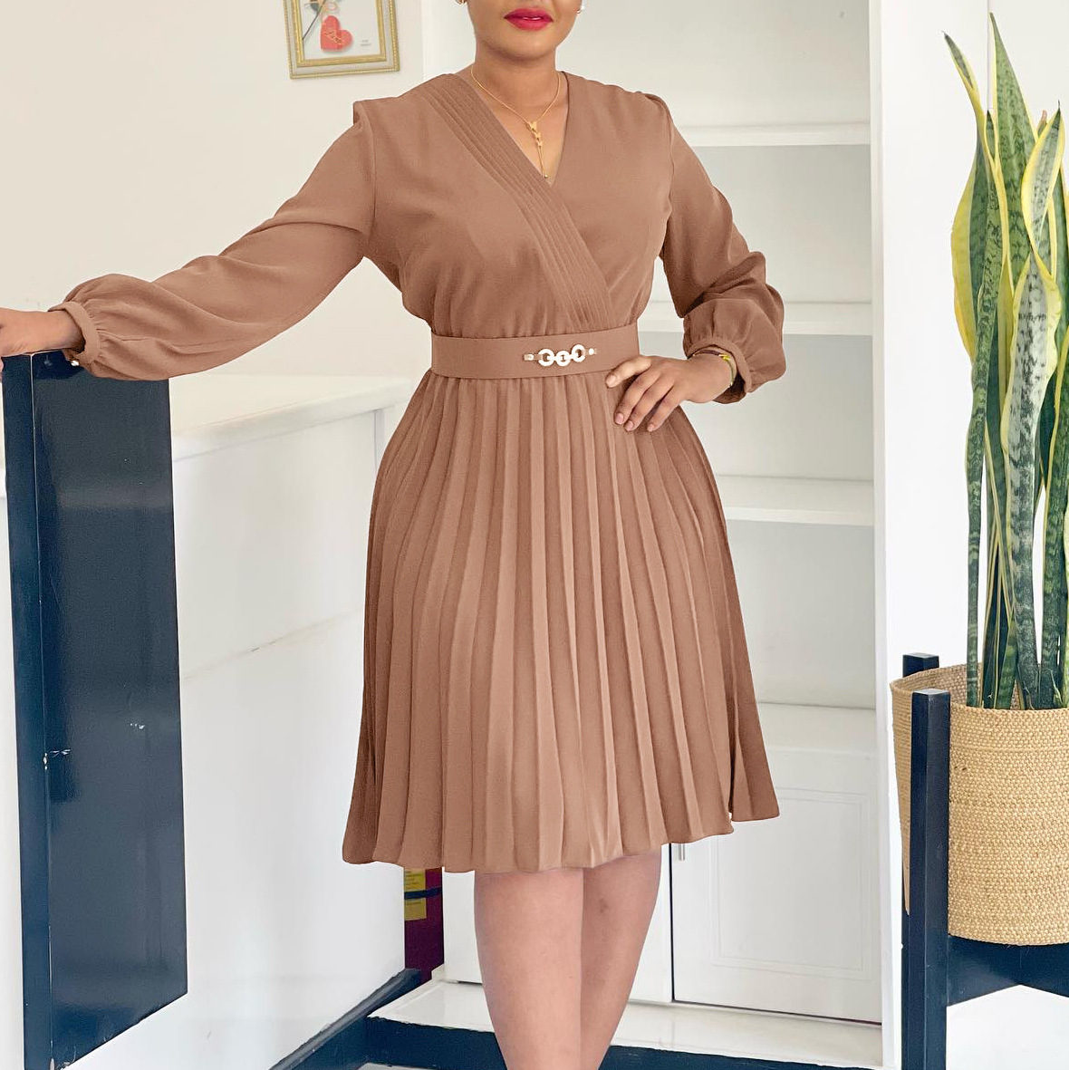 Spring New Women's OL Style V Neck Fashion Pleated High Waist Dress for Cross Border Trade in Africa