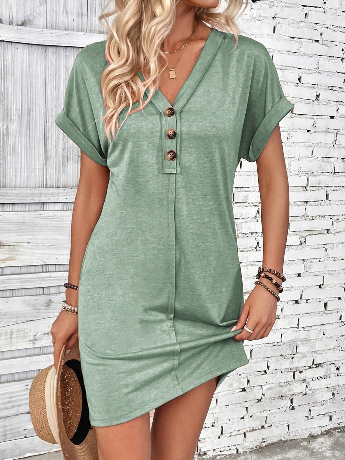 European and American Cross border Summer Women's Fashion Versatile Dress with Buckle, V neck, Ragnared Sleeves, Solid Color Dre