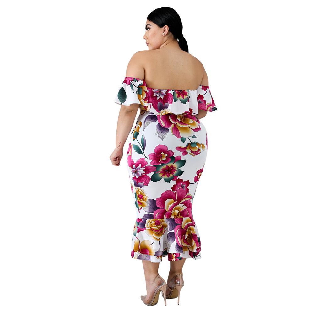 Summer Floral Print Ruffle Off Shoulder Dress Sexy Short Sleeve Mermaid Hem Plus Size Evening Party Wear Wholesale