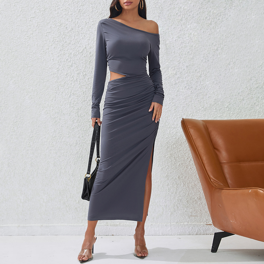 Autumn Winter New Slim Sexy Hollow Out Slit Hip Mid Length Party Dress