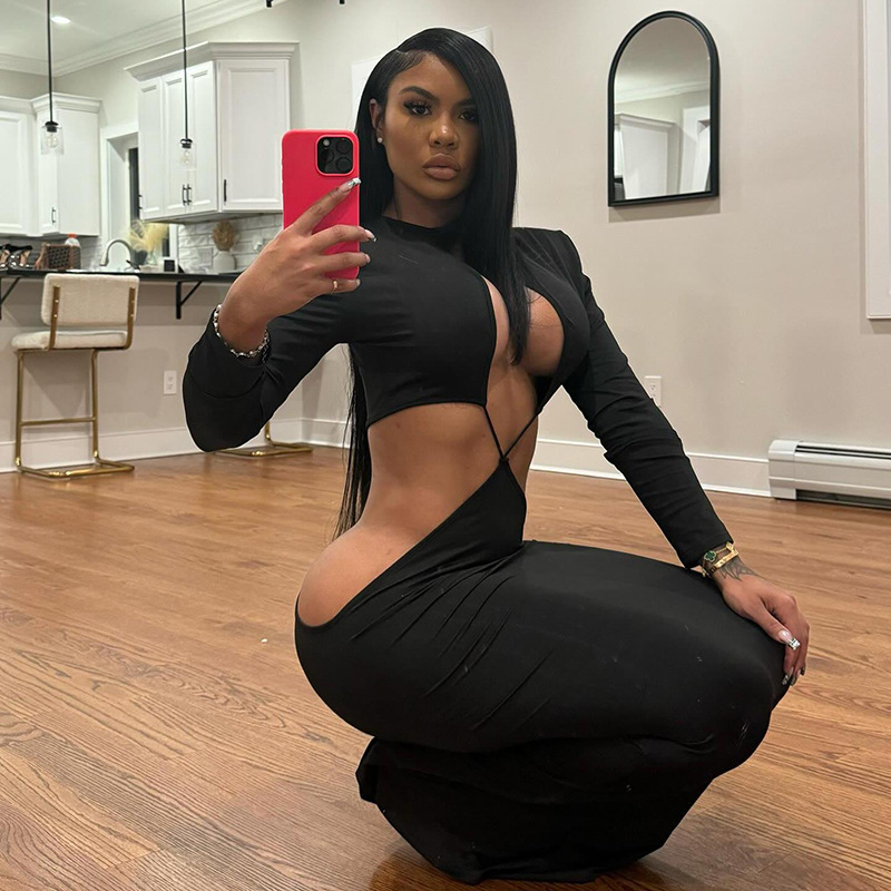 New Women's Winter Dress, Long Sleeve Hollow Out Bodycon Maxi Dress, Sexy Cut Out Waist Design for Trendy Fashionistas