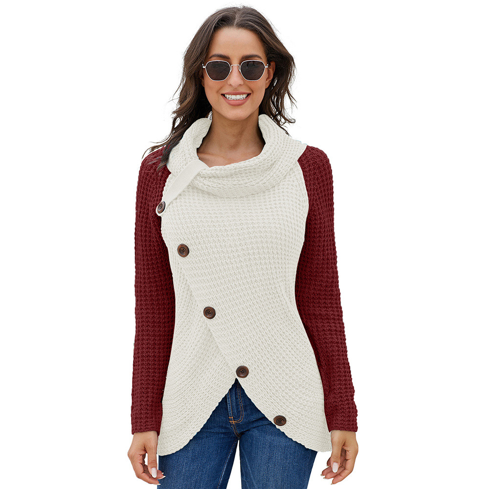 Womens Winter Sweater Color Block High Neck Button Detail Long Sleeve Asymmetrical Knit Casual Wear OEM