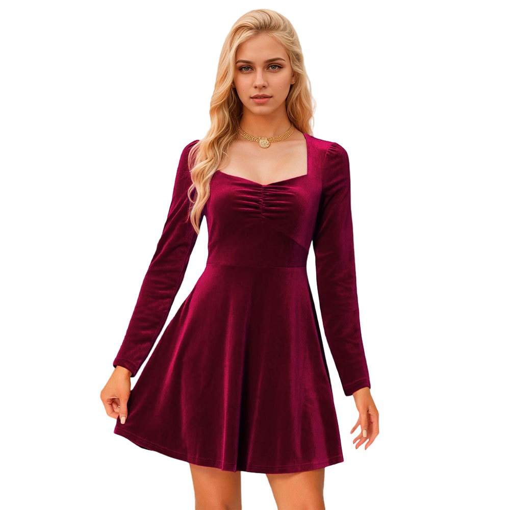 Elegant Burgundy Velvet Slim Fit Short Dress for Autumn and Winter