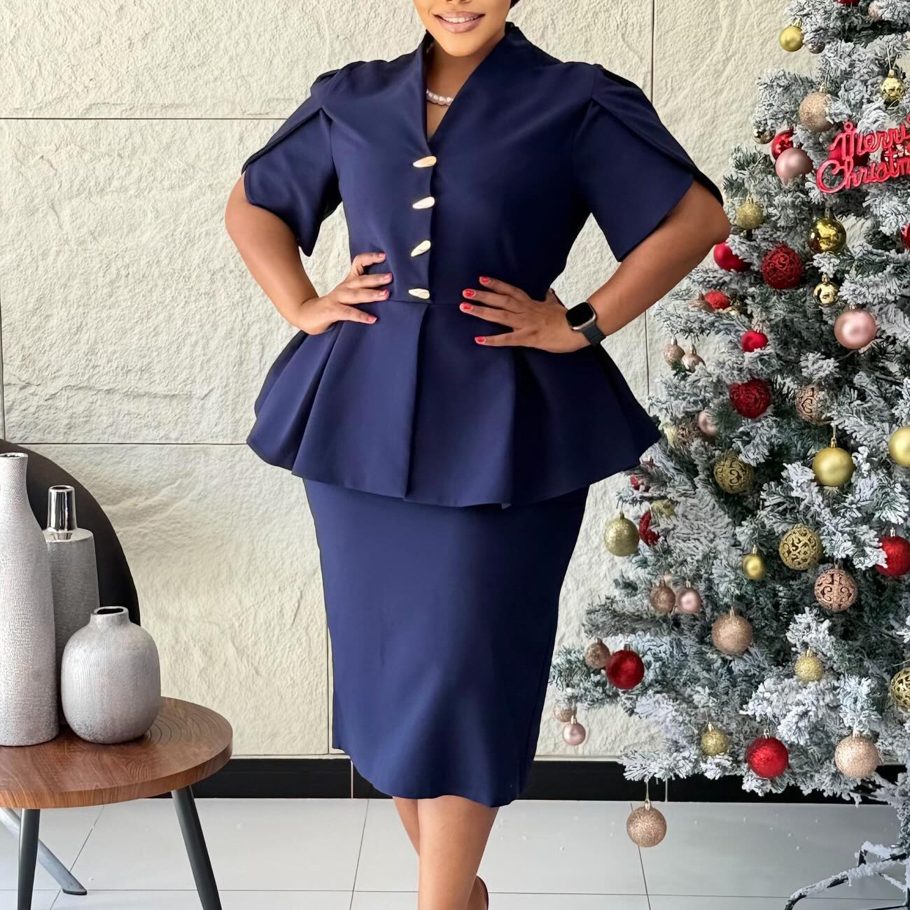 Elegant Plus Size Women's Dress with Ruffled V Neck, Short Sleeves, and Bodycon Fit for Cross Border Fashion