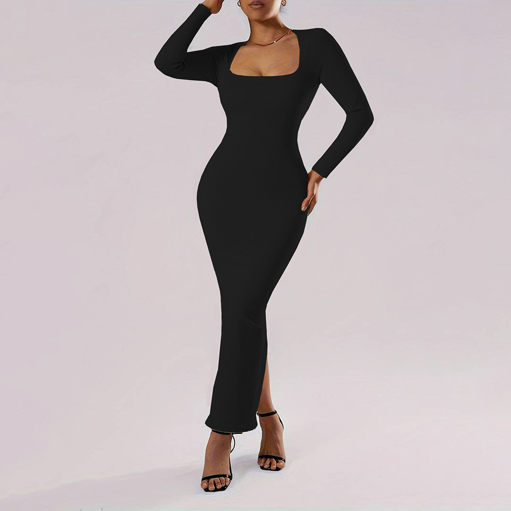 Square Neck Slim Fit Long Sleeve Knitted Bodycon Dress for Autumn and Winter