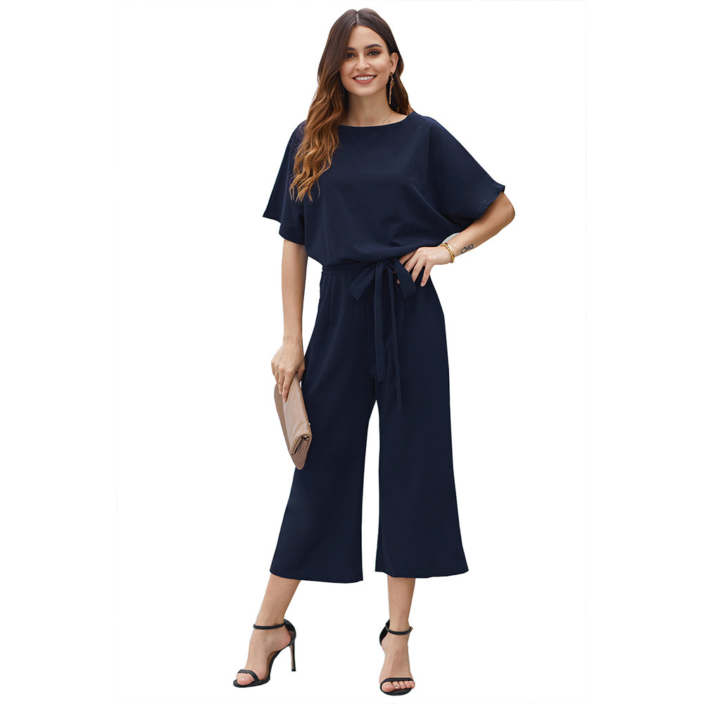 High Waisted Loose Wide Leg Jumpsuit for Women Short Sleeve Solid Color European Style Summer Casual Wear Wholesale