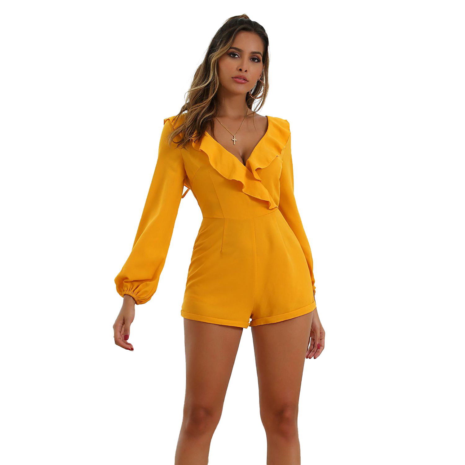 Womens Sexy V Neck Ruffle Long Sleeve Jumpsuit Elegant Design Comfortable Fit Versatile Style Available for Wholesale