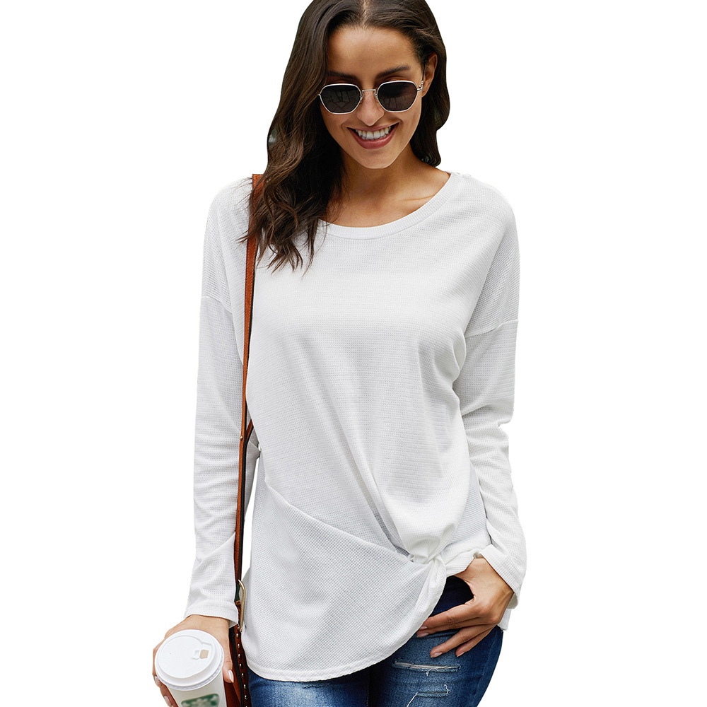 Womens Long Sleeve T Shirt Casual Loose Fit Round Neck Twist Hem Design Spring and Autumn Essential Wholesale