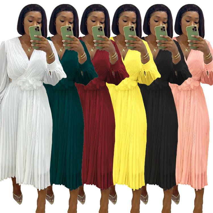 Long Sleeve Solid Color Pleated Dress Waist Defining Elegant Design Perfect for Casual or Formal Occasions Wholesale