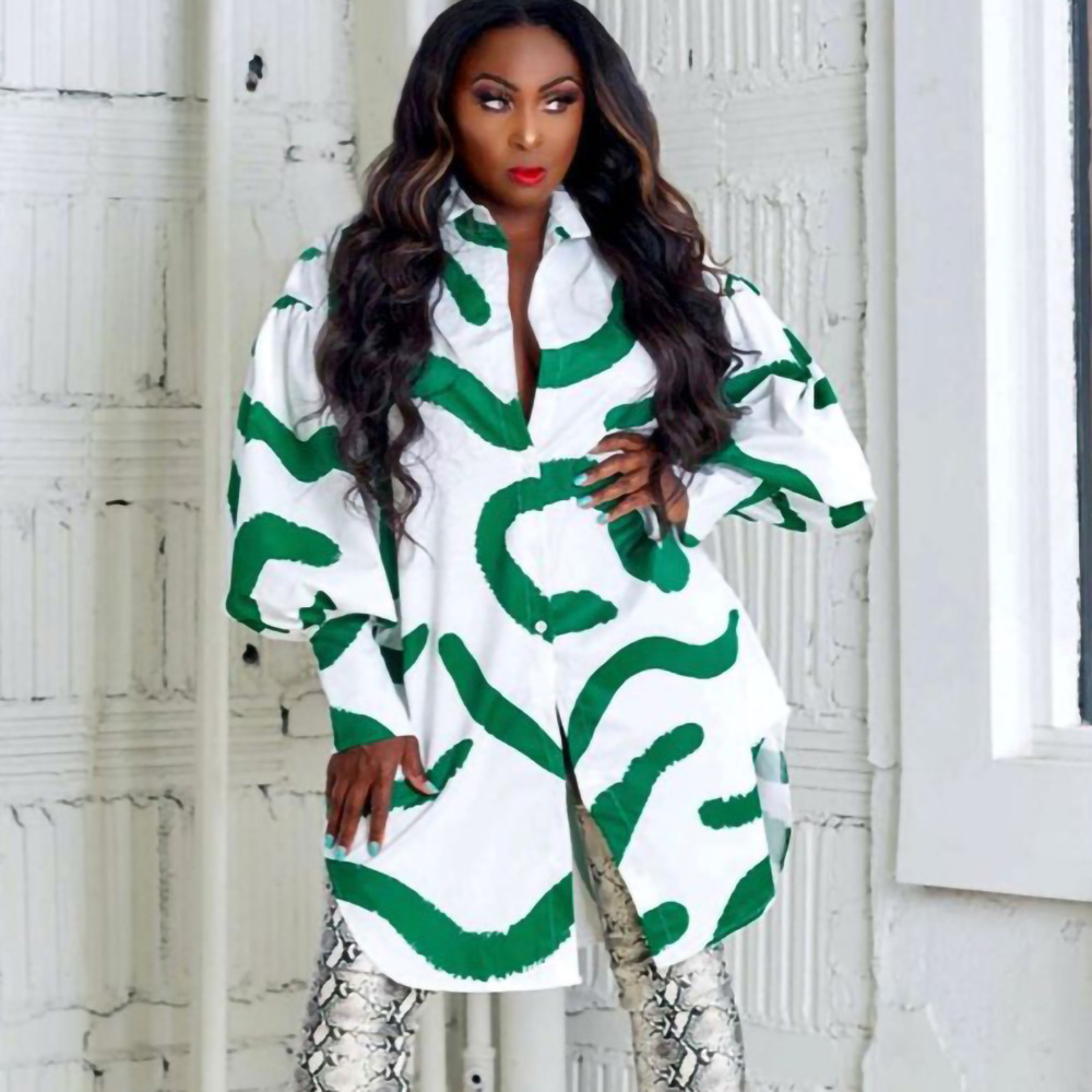 Loose Commuter Printed Lapel Dress Shirt Dress