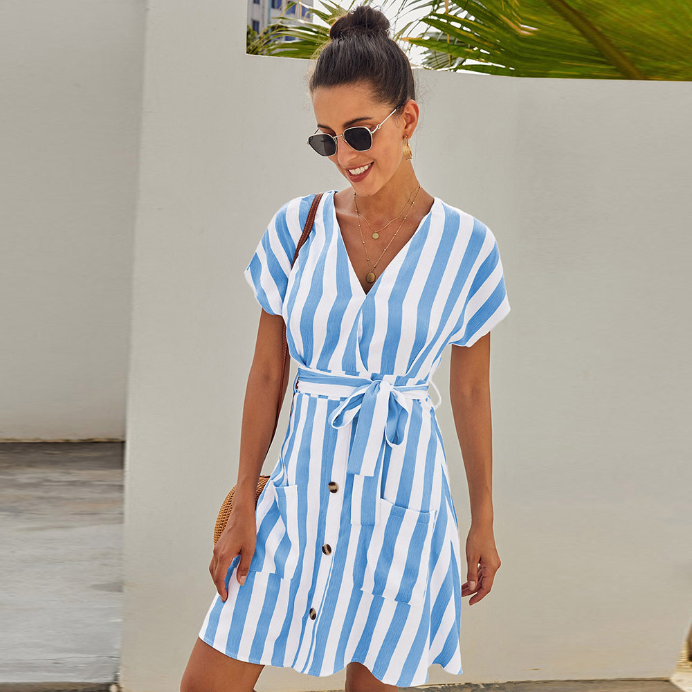 Striped Shirt Dress for Women Summer V Neck Button Up Waist Tie Loose Fit Casual Wear Wholesale Available