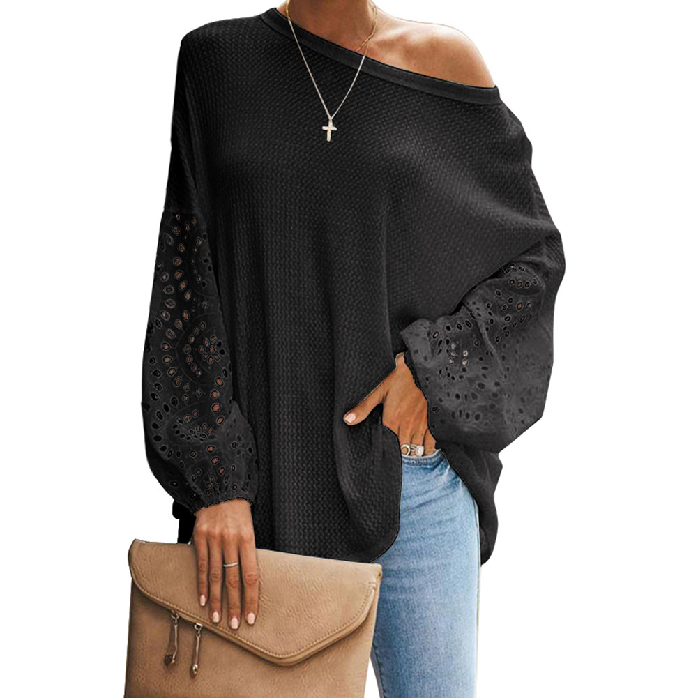 Womens Loose Fit Hollow Out Long Sleeve Top Solid Color Off Shoulder Asymmetrical Neckline Spring Summer Fashion