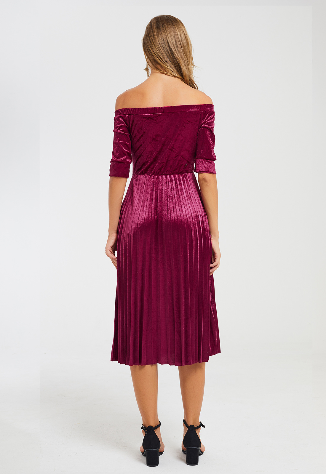 Off Shoulder Pleated Velvet Maxi Dress Four Quarter Sleeve Elegant Design Perfect for Parties and Special Occasions