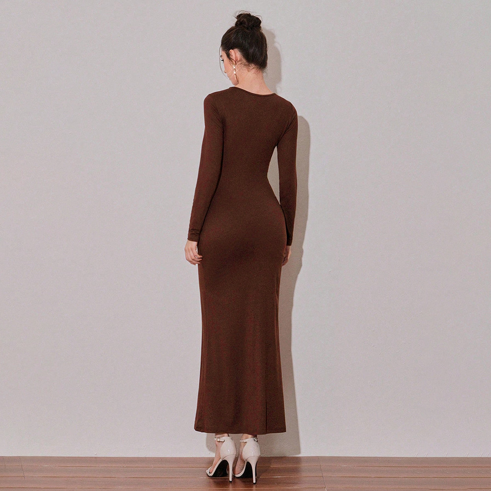 Foreign Trade French Retro Niche Design Hollow Long Sleeve Dress for Women Autumn Winter Atmosphere Slim Fit Gown Long Skirt