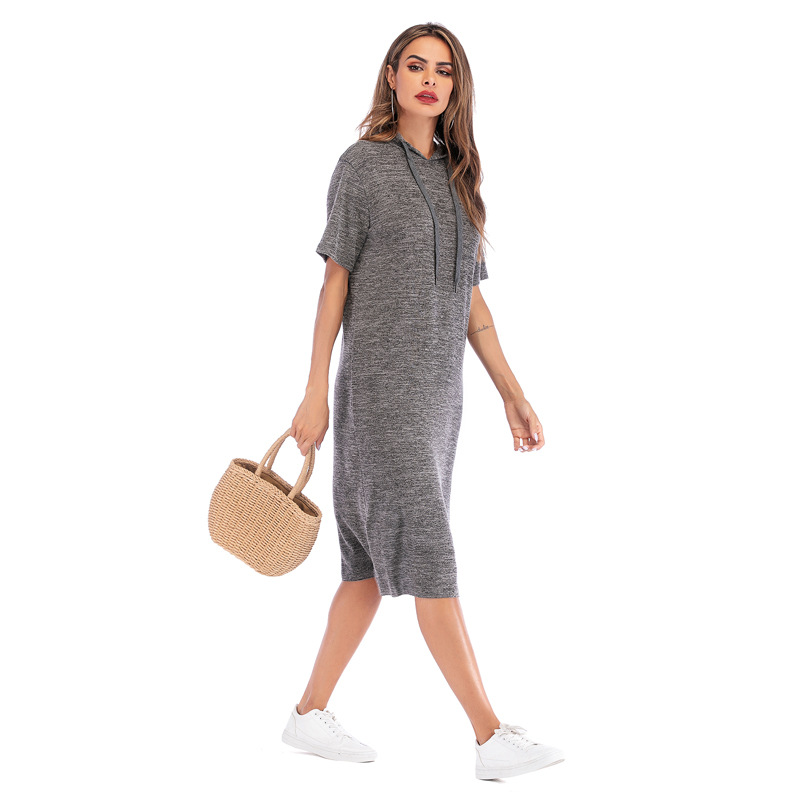 Womens Summer Dress Solid Color Short Sleeve Loose Fit Hooded Side Slit Casual Wear Wholesale Available