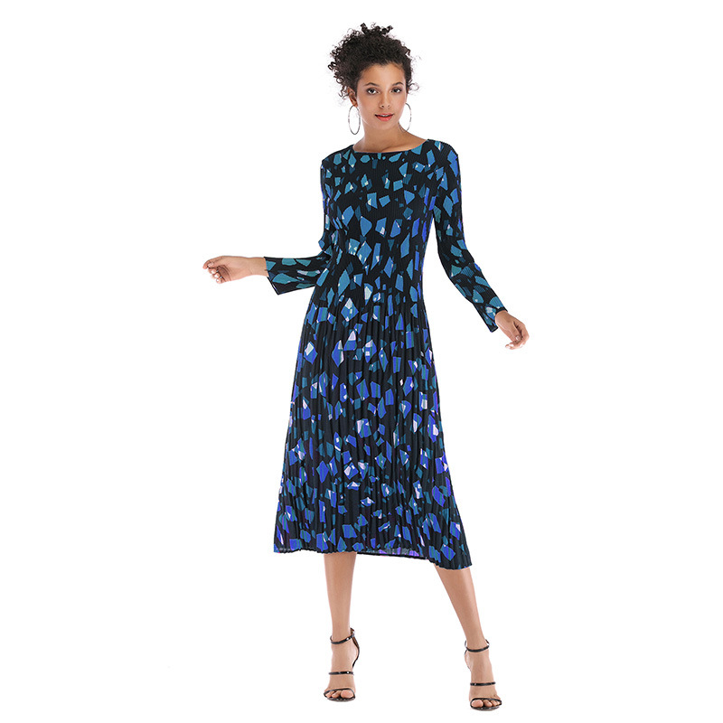 Geometric Print Chiffon Dress Long Sleeve Belted Pleated Design Perfect for Spring Summer Events Wholesale Available