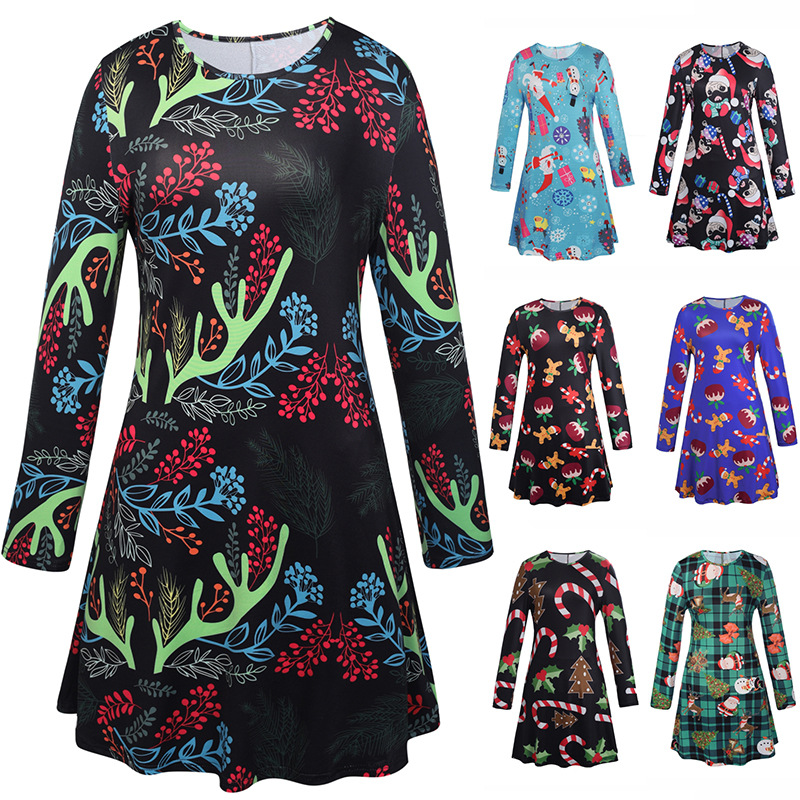 Long Sleeve Womens Dress Christmas Print Elegant Design Autumn Winter Style Wholesale Available