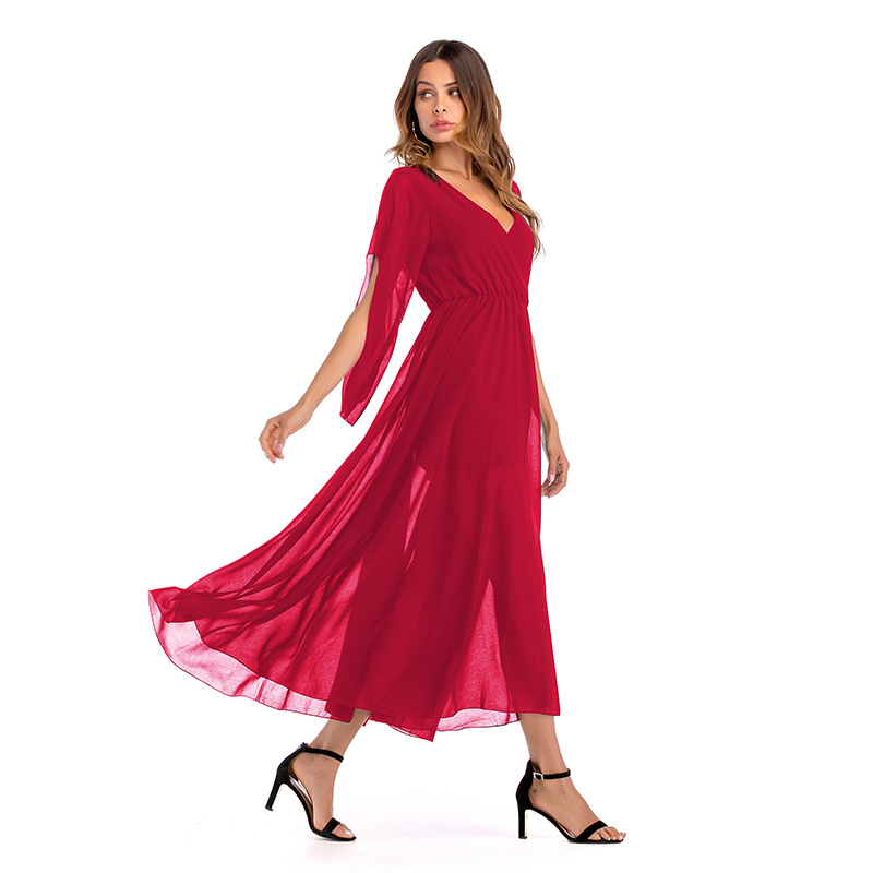 Womens Chiffon Maxi Dress Deep V Neck Color Block Flowy Design Spring Summer Fashion Wholesale Available