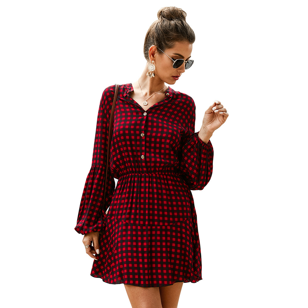 Designer Checkered Midi Dress Elegant Long Sleeve Spring Summer Style Perfect for Office Wear Wholesale Available