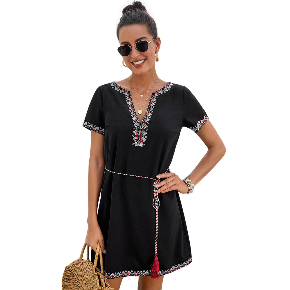 Embroidered V Neck Short Sleeve Loose Mini Dress Bohemian Style Summer Fashion Comfortable Fit Wholesale Available
