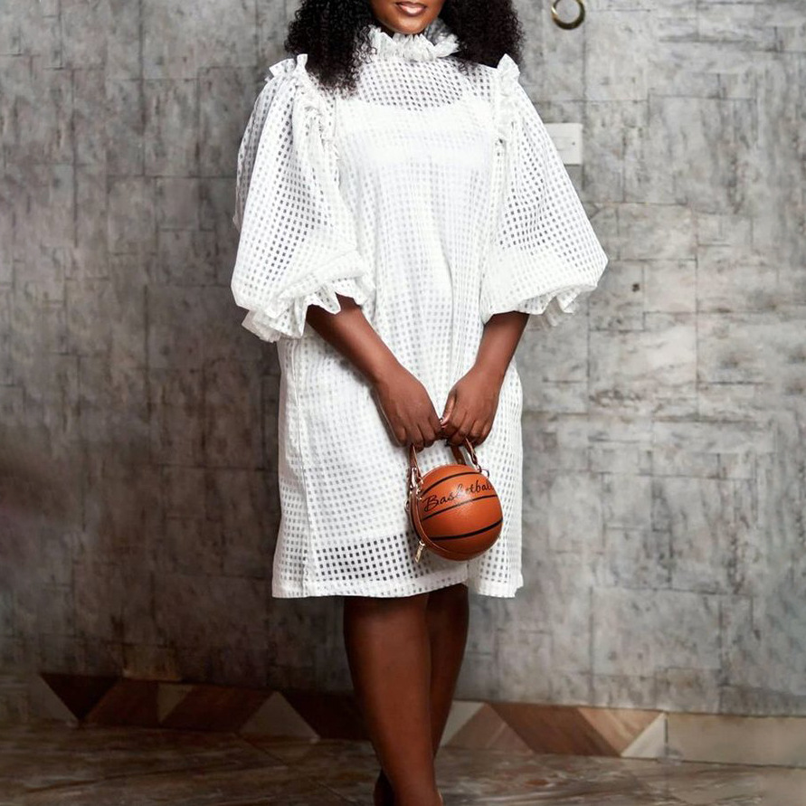 New Autumn Hollow Out Solid Color Puff Sleeve Two Piece Dress for Women, Stylish African Fashion, Cross Border Clothing