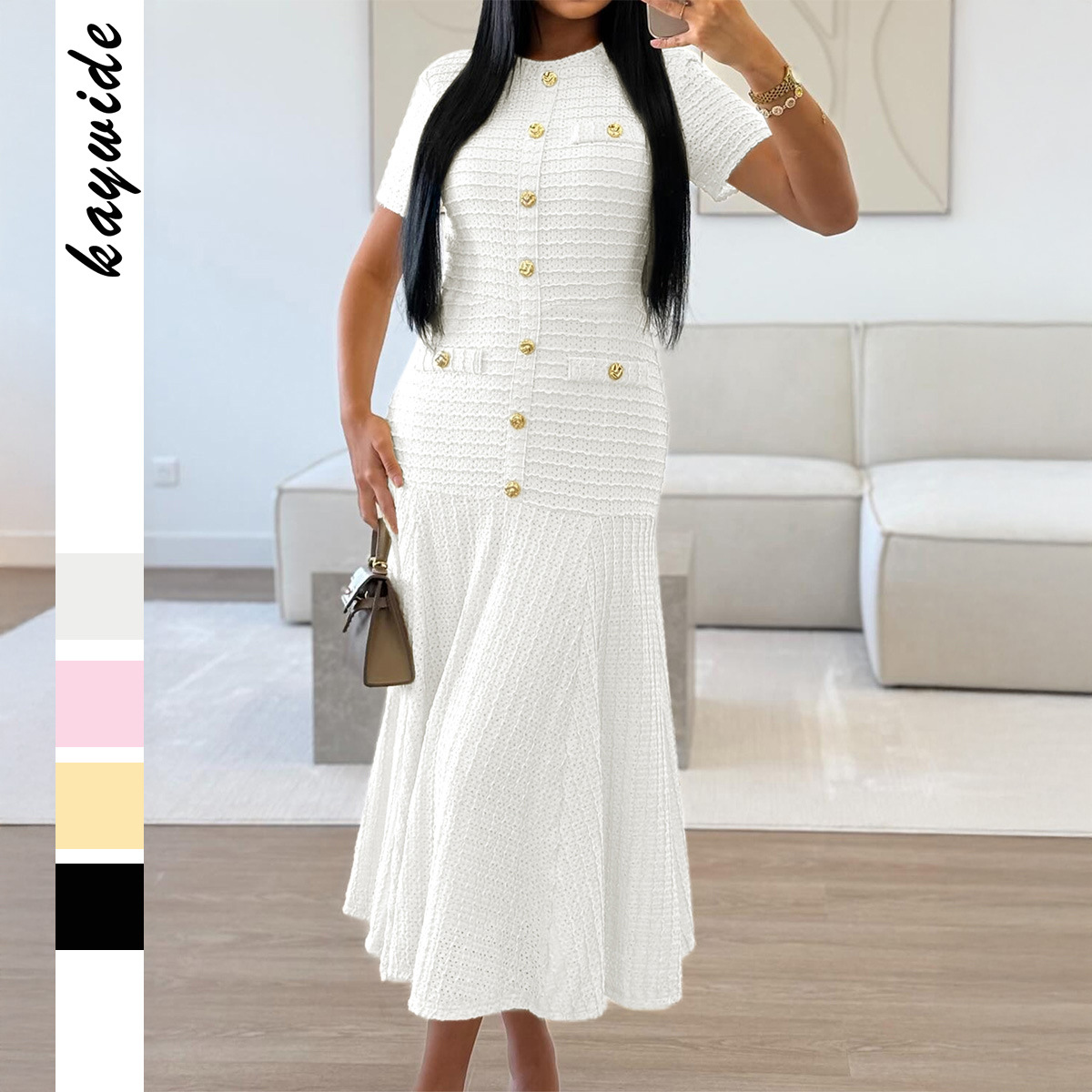 European and American Simple Elegant Button Short Sleeve Long Dress for Women Autumn and Winter