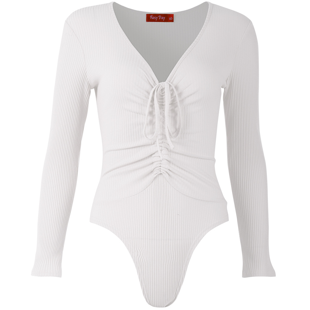 Deep V Neck Drawstring Triangle Jumpsuit Solid Color Knitted Stretch Fabric Casual Wear for Women Wholesale
