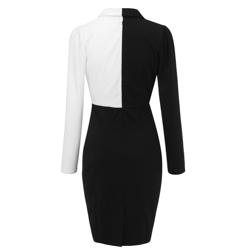 Fashionable Black and White Color Block Business Casual Dress Elegant Silhouette Long Sleeve Suitable for Autumn