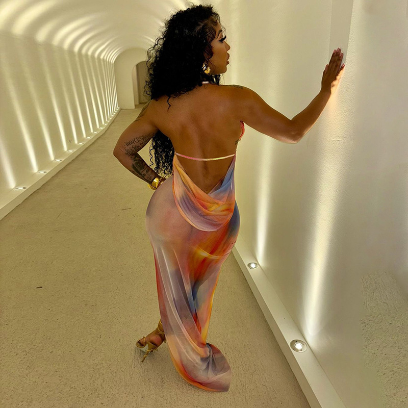 European and American Style Summer New Women's Sexy Halter Backless Tie Dye Printed Mesh Splicing Dress