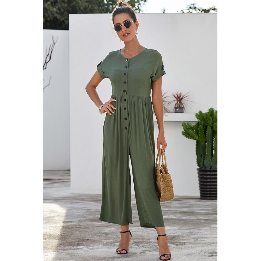 Womens Summer Jumpsuit Set Loose Fit High Waist Button Closure Short Sleeve Casual Wear for Everyday Wholesale