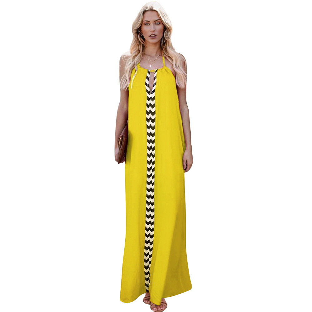 Summer Womens Maxi Dress Color Block Wave Print Backless Design Perfect for Beach Parties or Casual Outings