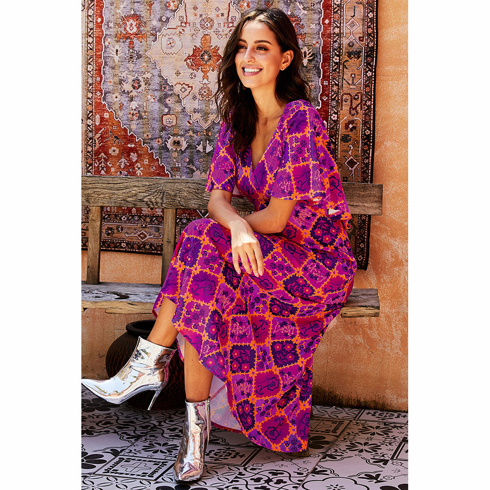 Elegant Vintage Floral Maxi Dress Deep V Neck Ruffle Sleeves Autumn Style Perfect for Parties and Special Occasions