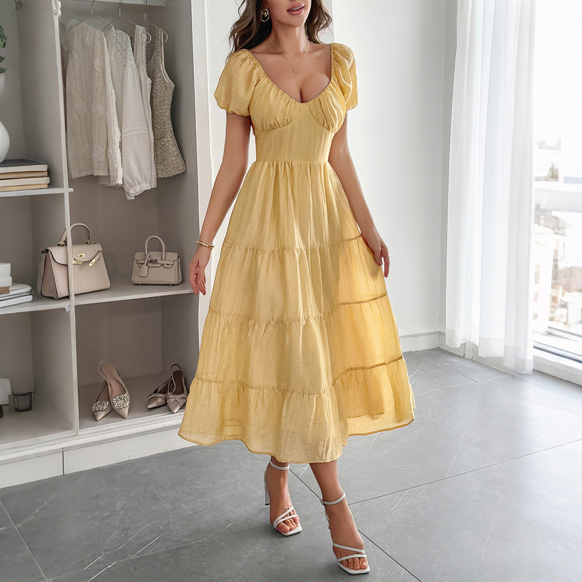 Casual Vacation Waist Tied A Line Long Dress for Women Summer