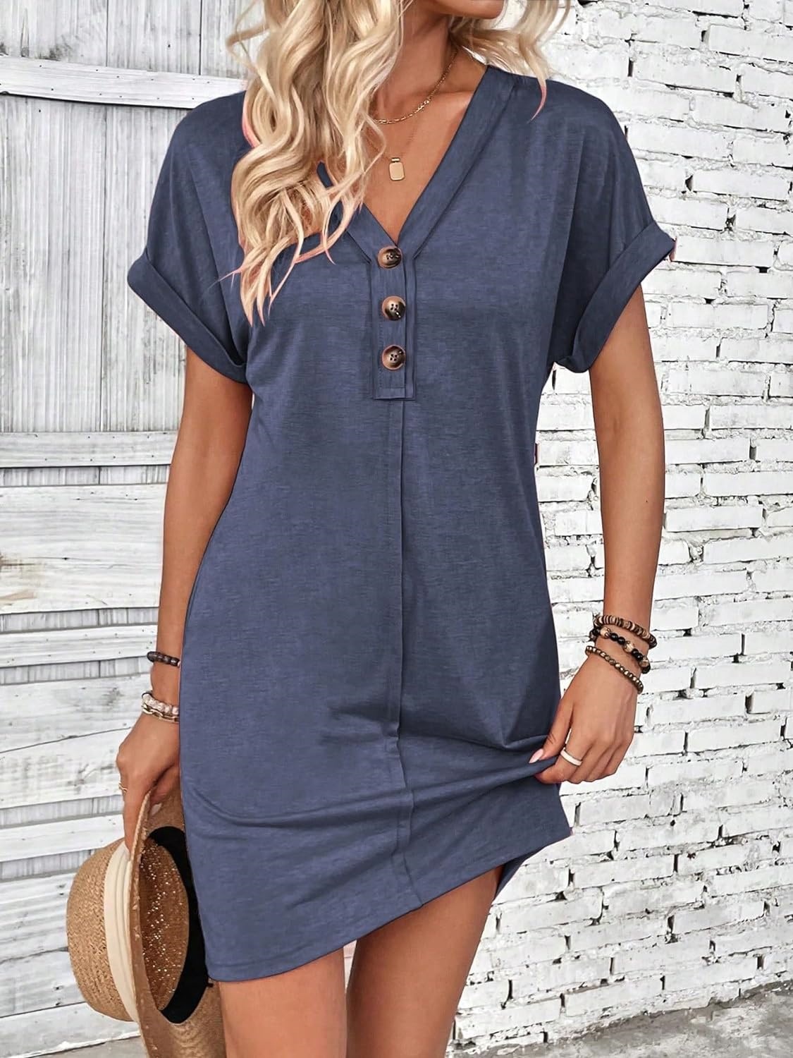 European and American Cross border Summer Women's Fashion Versatile Dress with Buckle, V neck, Ragnared Sleeves, Solid Color Dre