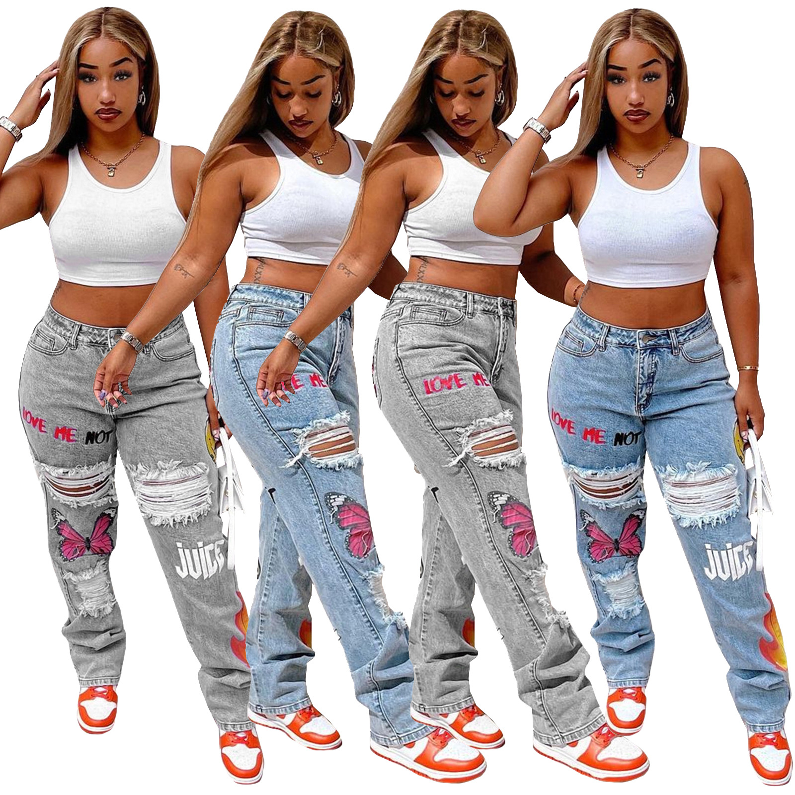 Fashionable Womens Distressed Denim Jeans Digital Print Sexy Style Casual Wear Wholesale Available