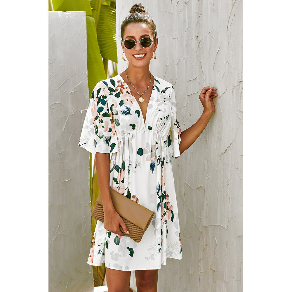 Summer Floral Print Dress for Women Sexy V Neck Waist Defining Short Sleeves Vacation Style Wholesale Available